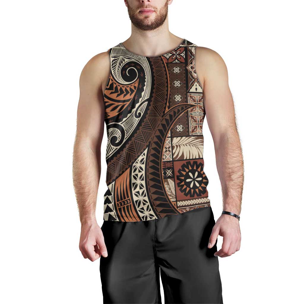 Vintage Samoa Siapo Mamanu Men Tank Top Brown Samoan Tapa Motif - Polynesian Pride