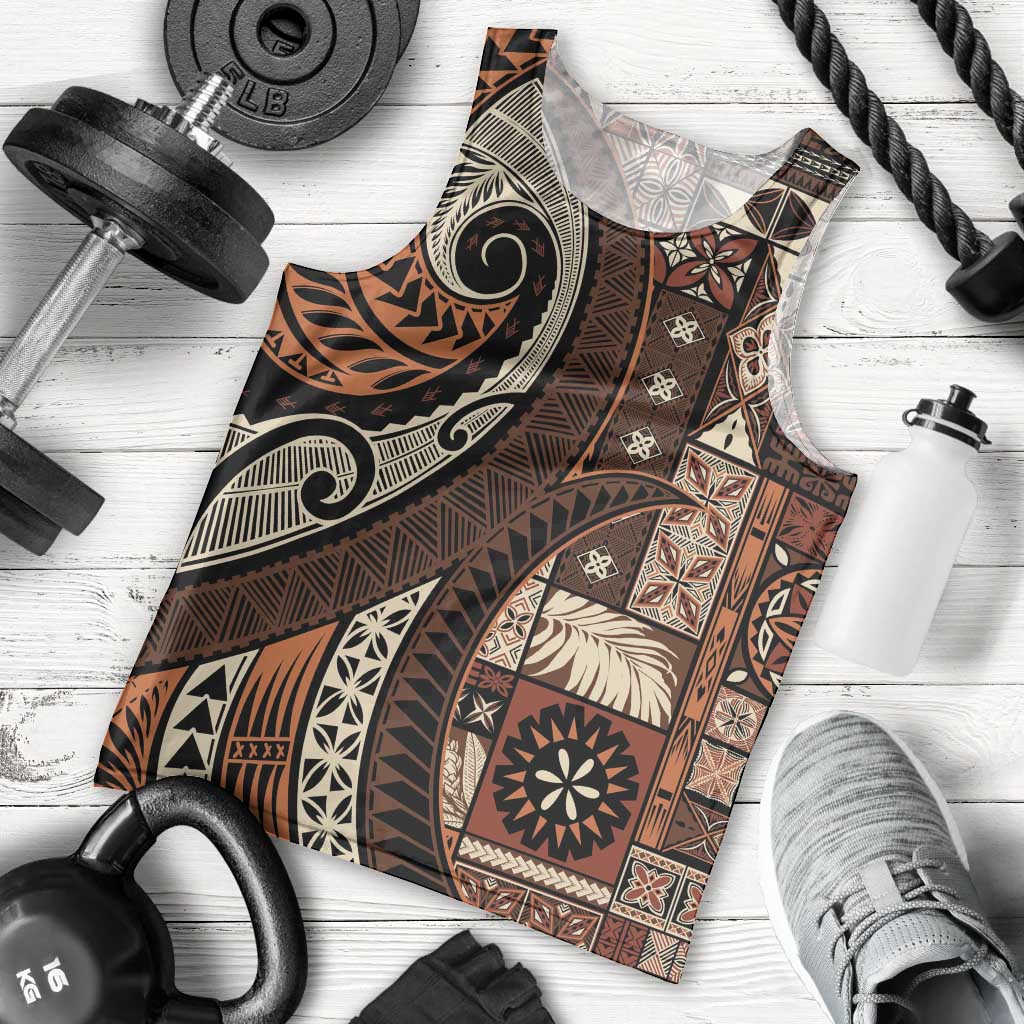 Vintage Samoa Siapo Mamanu Men Tank Top Brown Samoan Tapa Motif - Polynesian Pride
