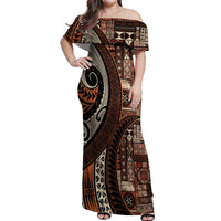 Vintage Samoa Siapo Mamanu Off Shoulder Maxi Dress Brown Samoan Tapa Motif - Polynesian Pride