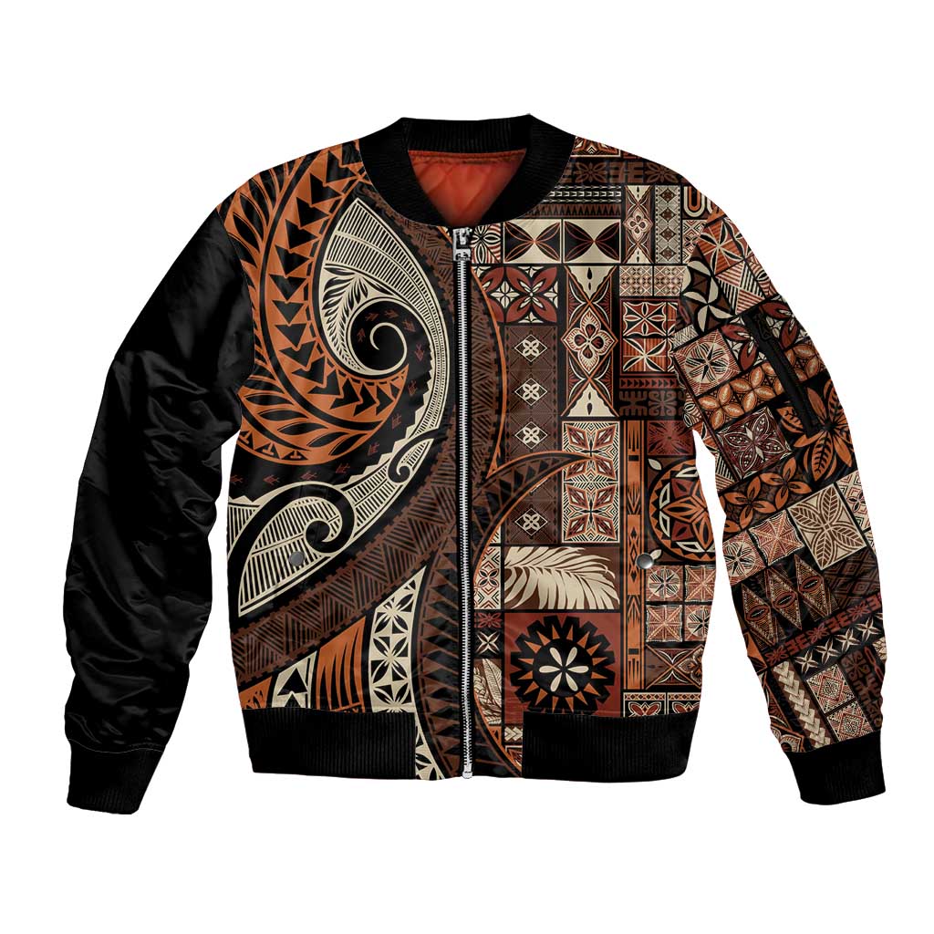 Vintage Samoa Siapo Mamanu Sleeve Zip Bomber Jacket Brown Samoan Tapa Motif LT9 Unisex Brown - Polynesian Pride