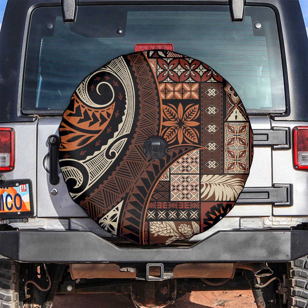 Vintage Samoa Siapo Mamanu Spare Tire Cover Brown Samoan Tapa Motif LT9 Brown - Polynesian Pride