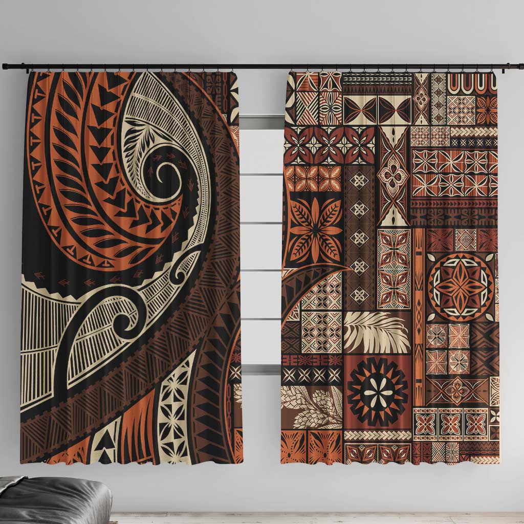Vintage Samoa Siapo Mamanu Window Curtain Brown Samoan Tapa Motif LT9 With Hooks Brown - Polynesian Pride