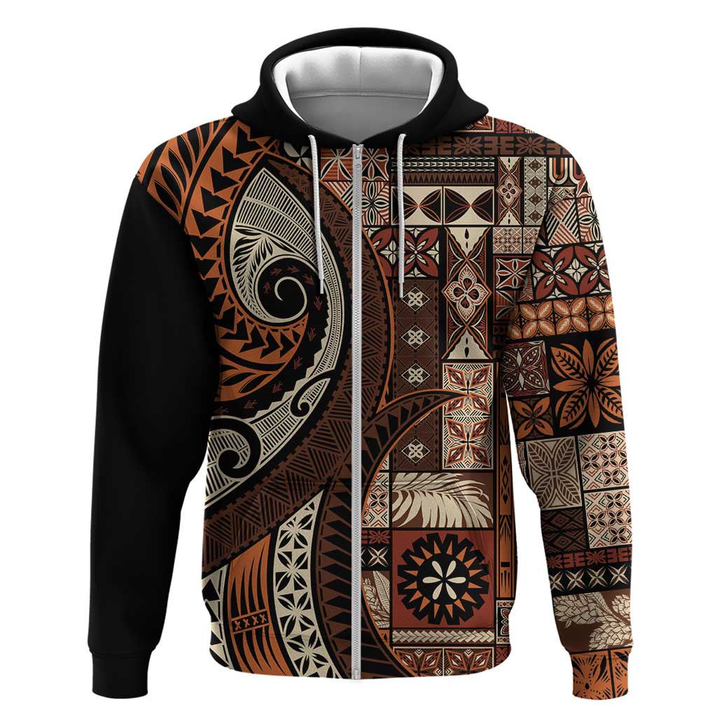 Vintage Samoa Siapo Mamanu Zip Hoodie Brown Samoan Tapa Motif LT9 Zip Hoodie Brown - Polynesian Pride