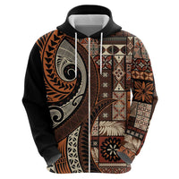 Vintage Samoa Siapo Mamanu Zip Hoodie Brown Samoan Tapa Motif - Polynesian Pride