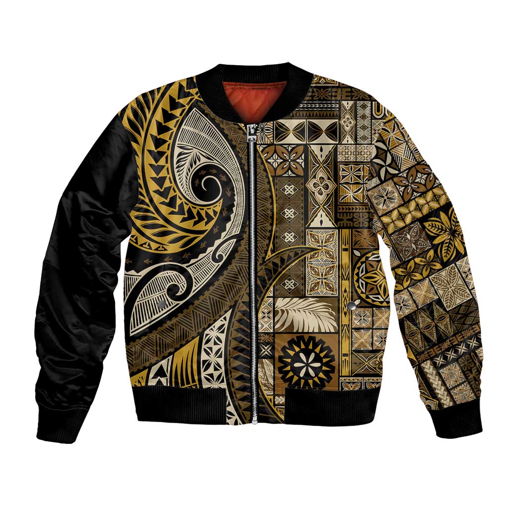 Vintage Samoa Siapo Mamanu Bomber Jacket Gold Samoan Tapa Motif LT9 Unisex Gold - Polynesian Pride