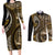Vintage Samoa Siapo Mamanu Couples Matching Long Sleeve Bodycon Dress and Long Sleeve Button Shirt Gold Samoan Tapa Motif - Polynesian Pride