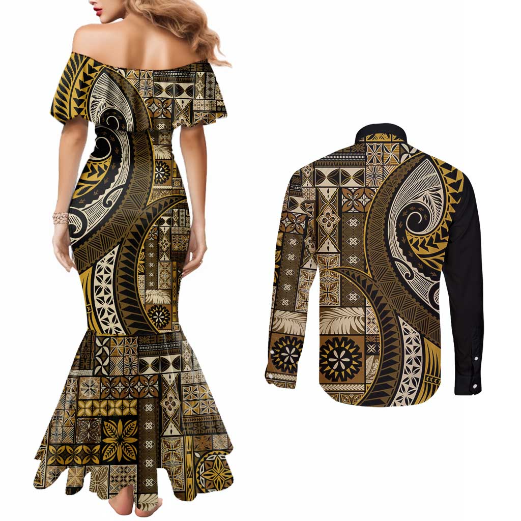 Vintage Samoa Siapo Mamanu Couples Matching Mermaid Dress and Long Sleeve Button Shirt Gold Samoan Tapa Motif - Polynesian Pride