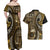 Vintage Samoa Siapo Mamanu Couples Matching Off Shoulder Maxi Dress and Hawaiian Shirt Gold Samoan Tapa Motif - Polynesian Pride
