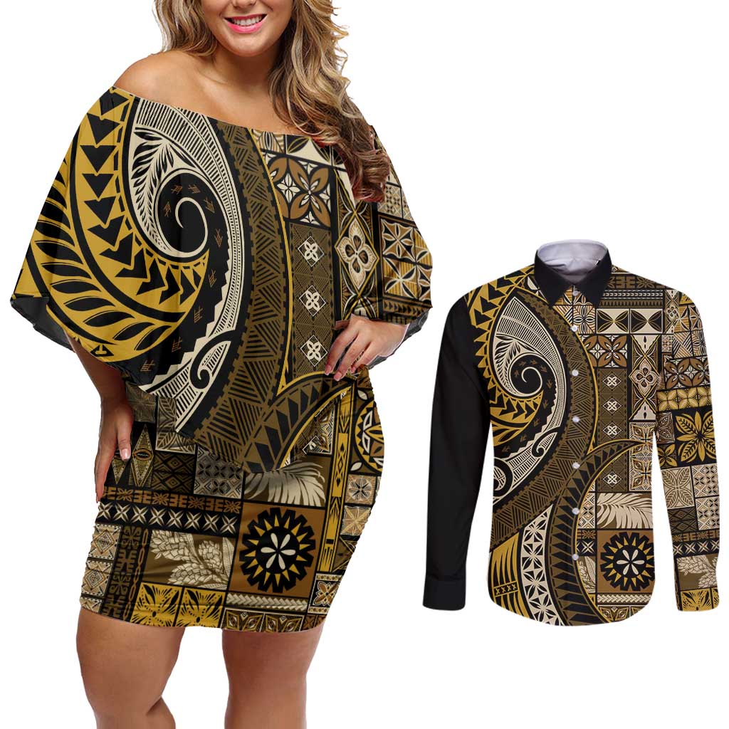 Vintage Samoa Siapo Mamanu Couples Matching Off Shoulder Short Dress and Long Sleeve Button Shirt Gold Samoan Tapa Motif LT9 Gold - Polynesian Pride