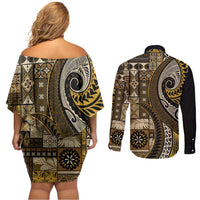 Vintage Samoa Siapo Mamanu Couples Matching Off Shoulder Short Dress and Long Sleeve Button Shirt Gold Samoan Tapa Motif - Polynesian Pride