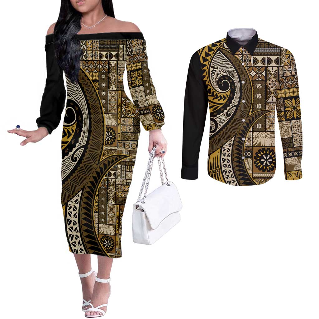 Vintage Samoa Siapo Mamanu Couples Matching Off The Shoulder Long Sleeve Dress and Long Sleeve Button Shirt Gold Samoan Tapa Motif LT9 Gold - Polynesian Pride