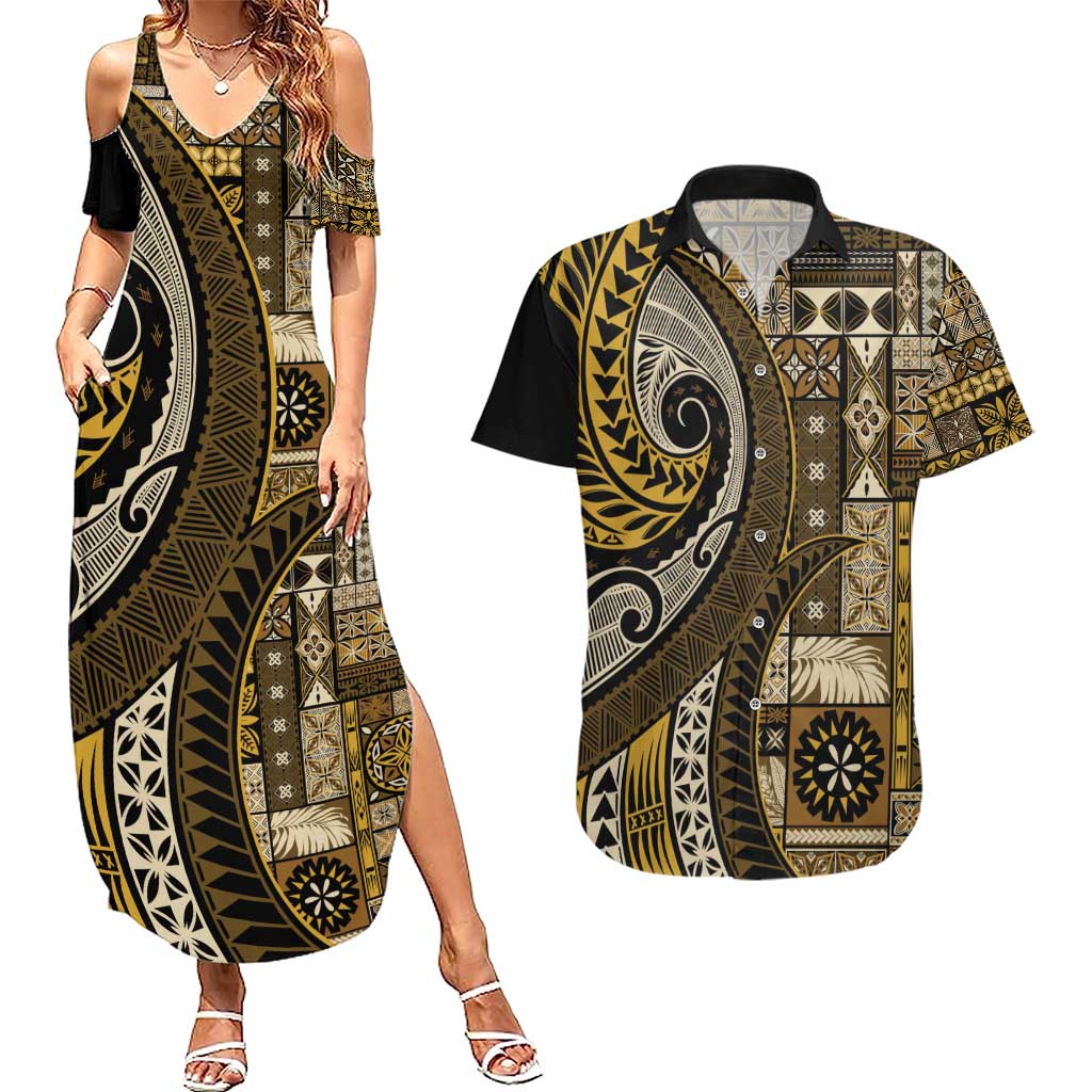 Vintage Samoa Siapo Mamanu Couples Matching Summer Maxi Dress and Hawaiian Shirt Gold Samoan Tapa Motif - Polynesian Pride