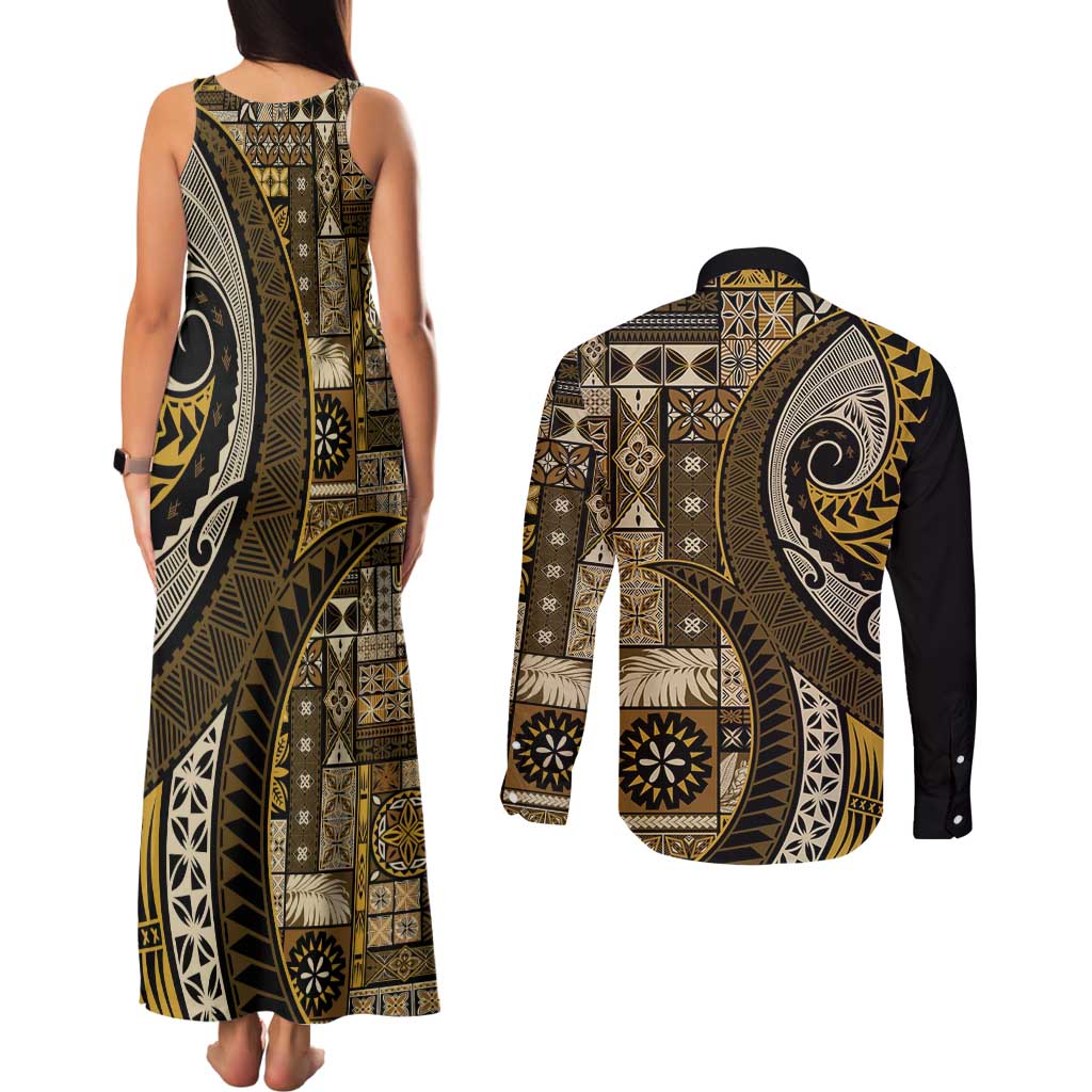 Vintage Samoa Siapo Mamanu Couples Matching Tank Maxi Dress and Long Sleeve Button Shirt Gold Samoan Tapa Motif - Polynesian Pride