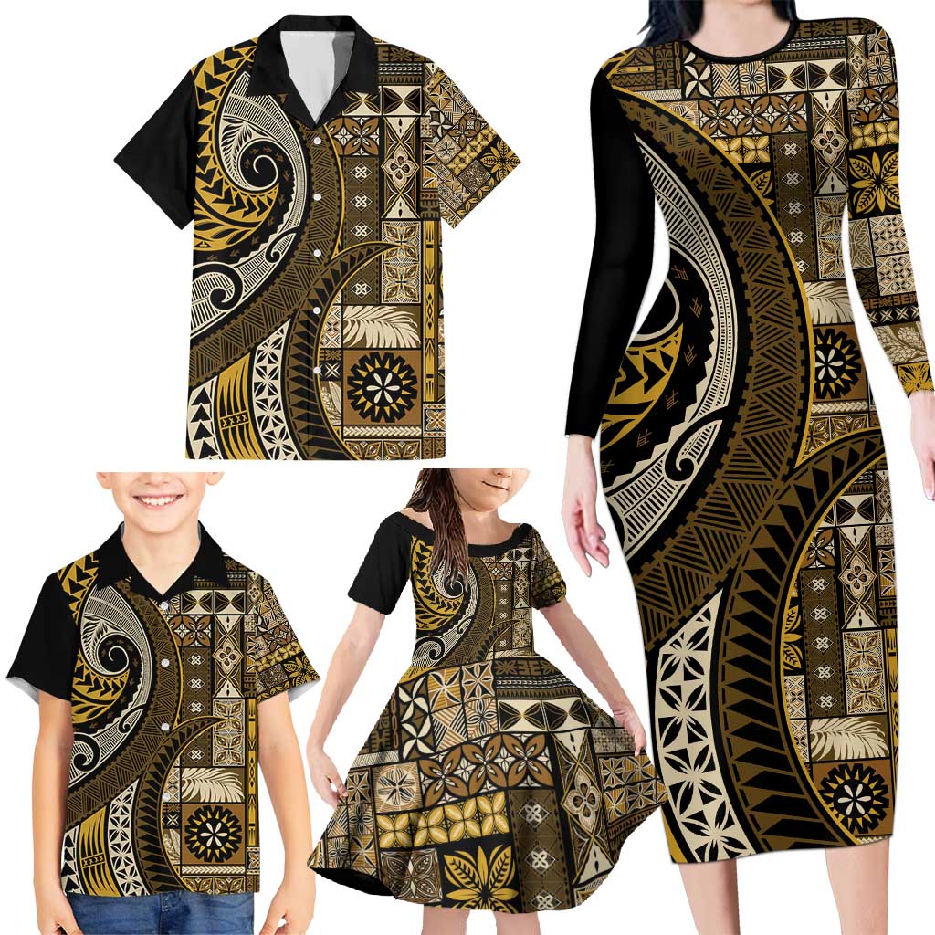 Vintage Samoa Siapo Mamanu Family Matching Long Sleeve Bodycon Dress and Hawaiian Shirt Gold Samoan Tapa Motif - Polynesian Pride