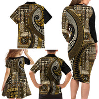 Vintage Samoa Siapo Mamanu Family Matching Long Sleeve Bodycon Dress and Hawaiian Shirt Gold Samoan Tapa Motif - Polynesian Pride