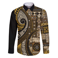 Vintage Samoa Siapo Mamanu Family Matching Long Sleeve Bodycon Dress and Hawaiian Shirt Gold Samoan Tapa Motif - Polynesian Pride