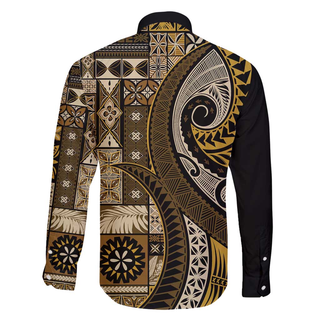 Vintage Samoa Siapo Mamanu Family Matching Long Sleeve Bodycon Dress and Hawaiian Shirt Gold Samoan Tapa Motif - Polynesian Pride