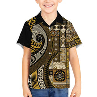 Vintage Samoa Siapo Mamanu Family Matching Long Sleeve Bodycon Dress and Hawaiian Shirt Gold Samoan Tapa Motif - Polynesian Pride