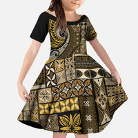 Vintage Samoa Siapo Mamanu Family Matching Off The Shoulder Long Sleeve Dress and Hawaiian Shirt Gold Samoan Tapa Motif - Polynesian Pride