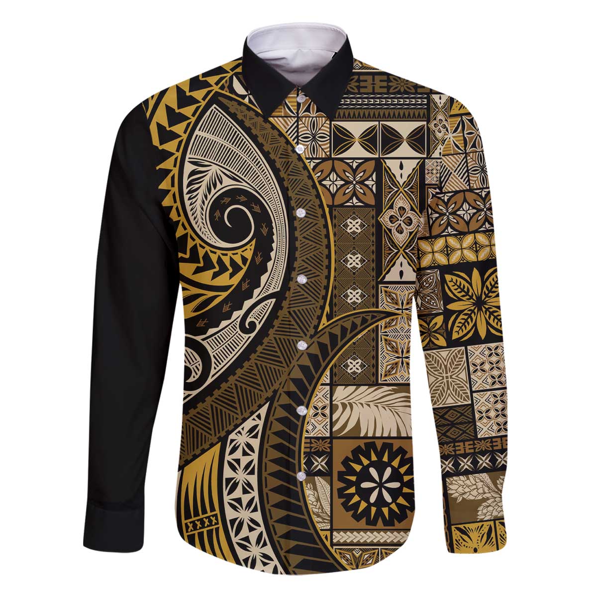 Vintage Samoa Siapo Mamanu Family Matching Off The Shoulder Long Sleeve Dress and Hawaiian Shirt Gold Samoan Tapa Motif - Polynesian Pride