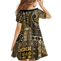 Vintage Samoa Siapo Mamanu Family Matching Off Shoulder Maxi Dress and Hawaiian Shirt Gold Samoan Tapa Motif - Polynesian Pride