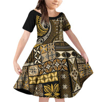 Vintage Samoa Siapo Mamanu Family Matching Off Shoulder Short Dress and Hawaiian Shirt Gold Samoan Tapa Motif - Polynesian Pride