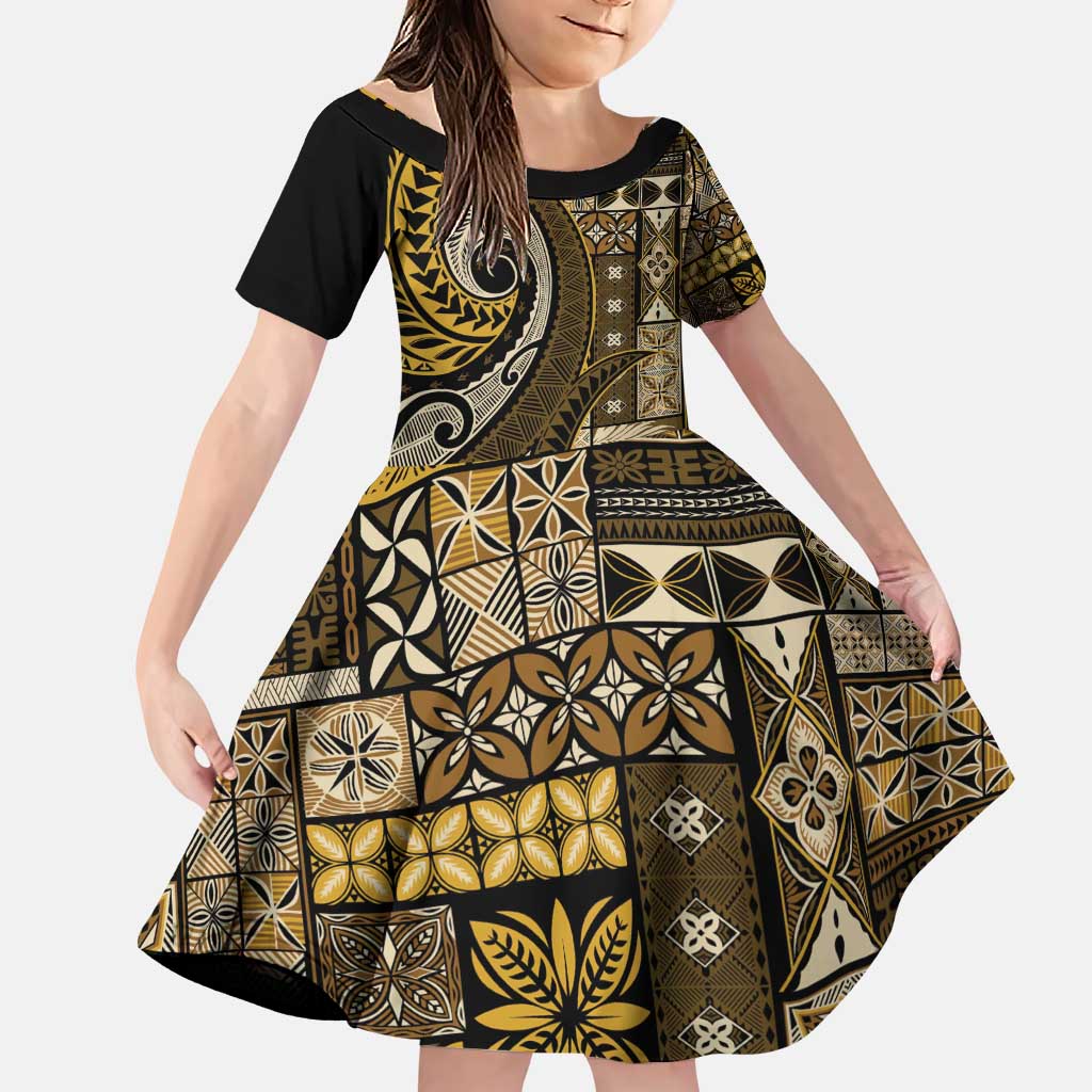 Vintage Samoa Siapo Mamanu Family Matching Puletasi and Hawaiian Shirt Gold Samoan Tapa Motif - Polynesian Pride