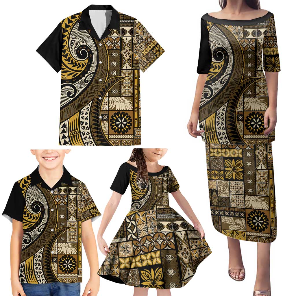 Vintage Samoa Siapo Mamanu Family Matching Puletasi and Hawaiian Shirt Gold Samoan Tapa Motif - Polynesian Pride