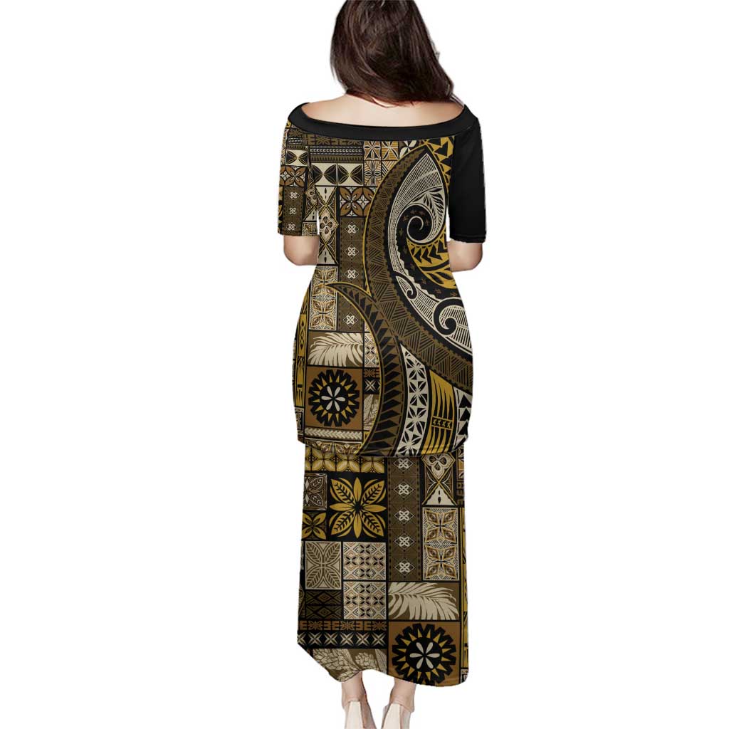 Vintage Samoa Siapo Mamanu Family Matching Puletasi and Hawaiian Shirt Gold Samoan Tapa Motif - Polynesian Pride