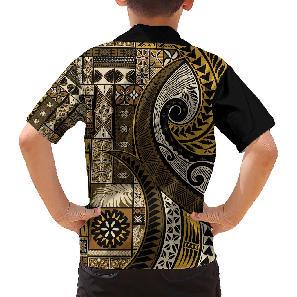 Vintage Samoa Siapo Mamanu Family Matching Short Sleeve Bodycon Dress and Hawaiian Shirt Gold Samoan Tapa Motif - Polynesian Pride