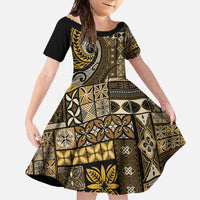 Vintage Samoa Siapo Mamanu Family Matching Short Sleeve Bodycon Dress and Hawaiian Shirt Gold Samoan Tapa Motif - Polynesian Pride