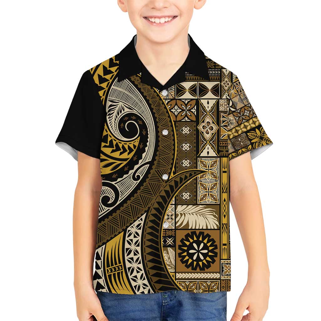 Vintage Samoa Siapo Mamanu Family Matching Tank Maxi Dress and Hawaiian Shirt Gold Samoan Tapa Motif - Polynesian Pride