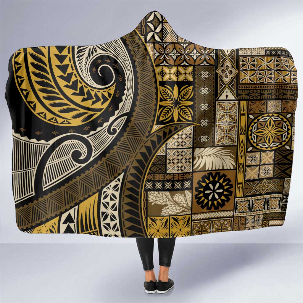 Vintage Samoa Siapo Mamanu Hooded Blanket Gold Samoan Tapa Motif LT9 One Size Gold - Polynesian Pride
