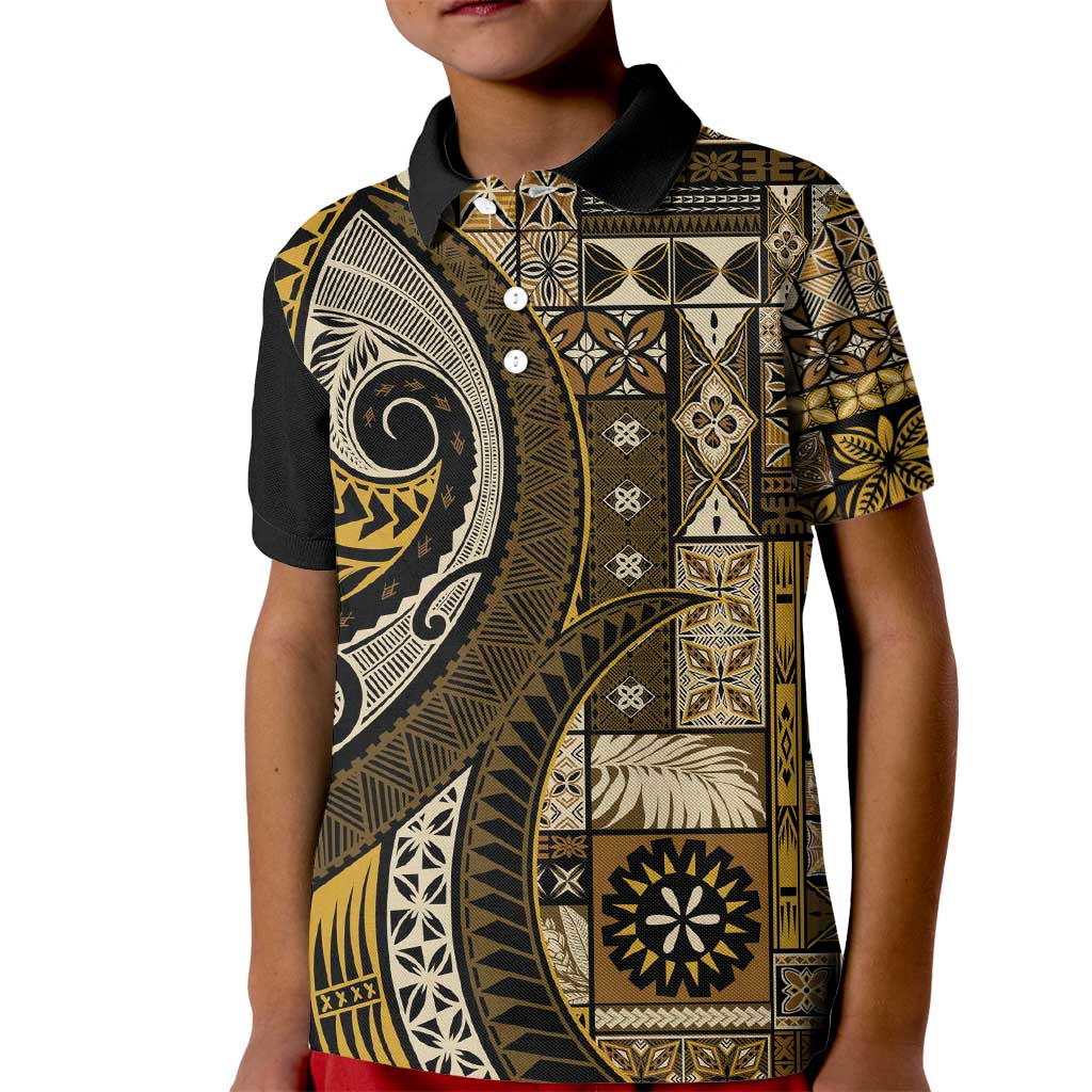 Vintage Samoa Siapo Mamanu Kid Polo Shirt Gold Samoan Tapa Motif LT9 Kid Gold - Polynesian Pride