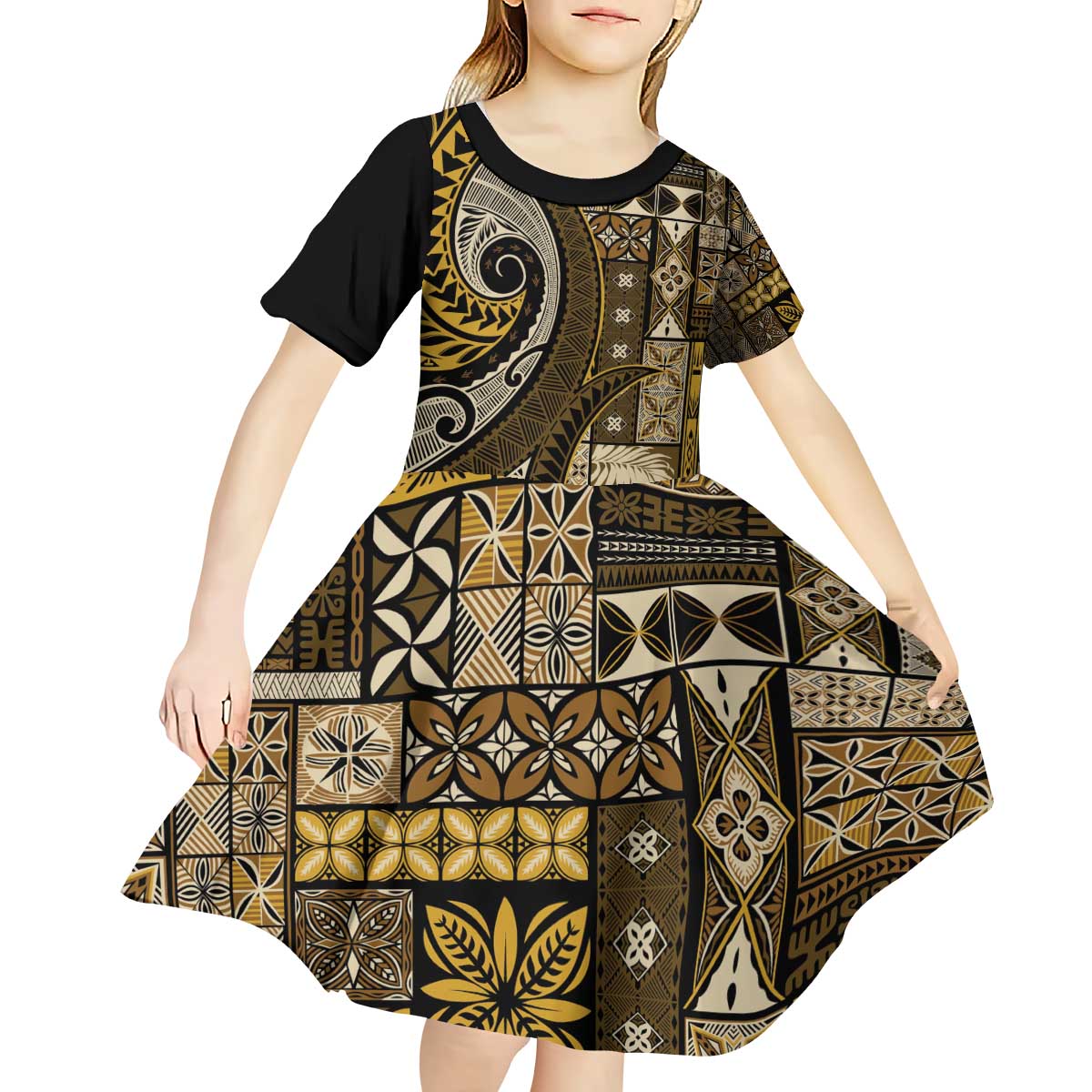 Vintage Samoa Siapo Mamanu Kid Short Sleeve Dress Gold Samoan Tapa Motif - Polynesian Pride