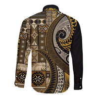 Vintage Samoa Siapo Mamanu Long Sleeve Button Shirt Gold Samoan Tapa Motif - Polynesian Pride