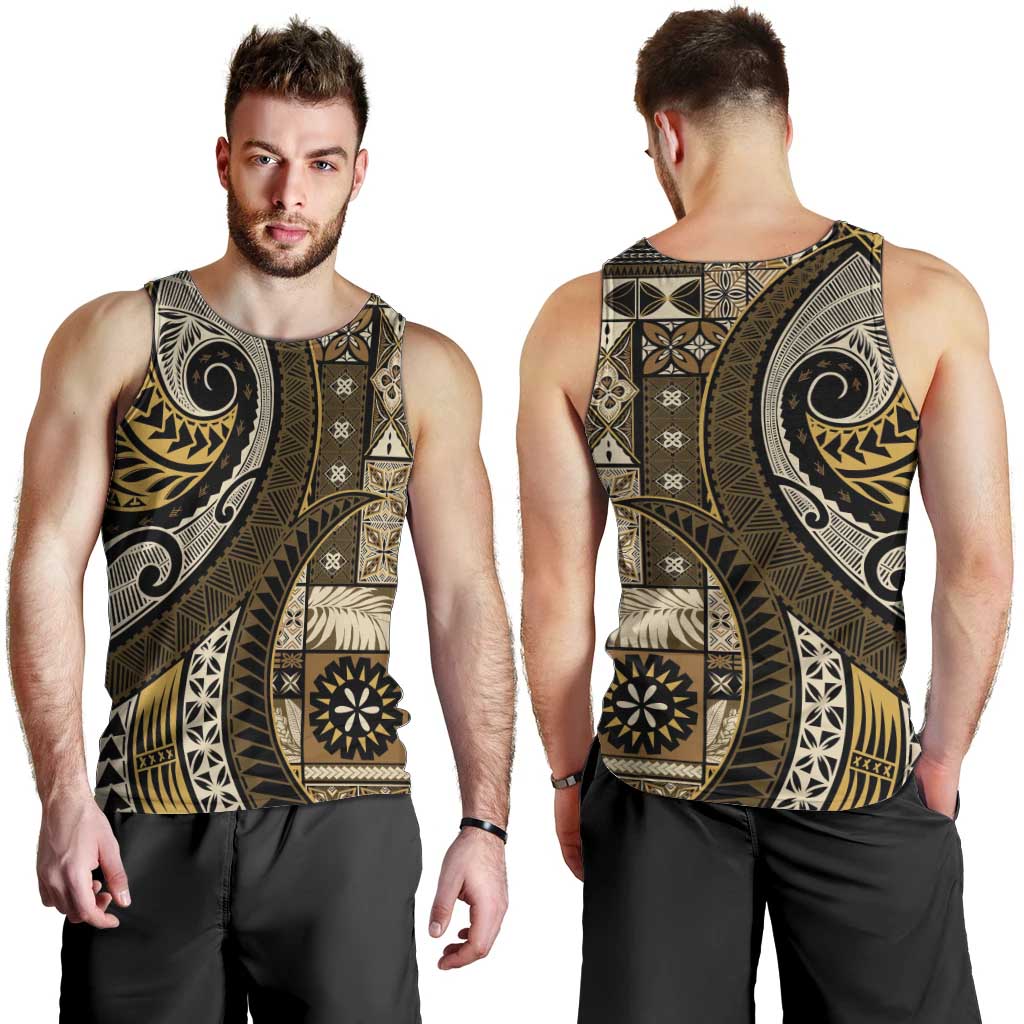 Vintage Samoa Siapo Mamanu Men Tank Top Gold Samoan Tapa Motif - Polynesian Pride