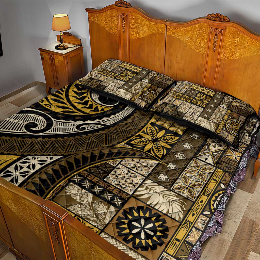 Vintage Samoa Siapo Mamanu Quilt Bed Set Gold Samoan Tapa Motif - Polynesian Pride