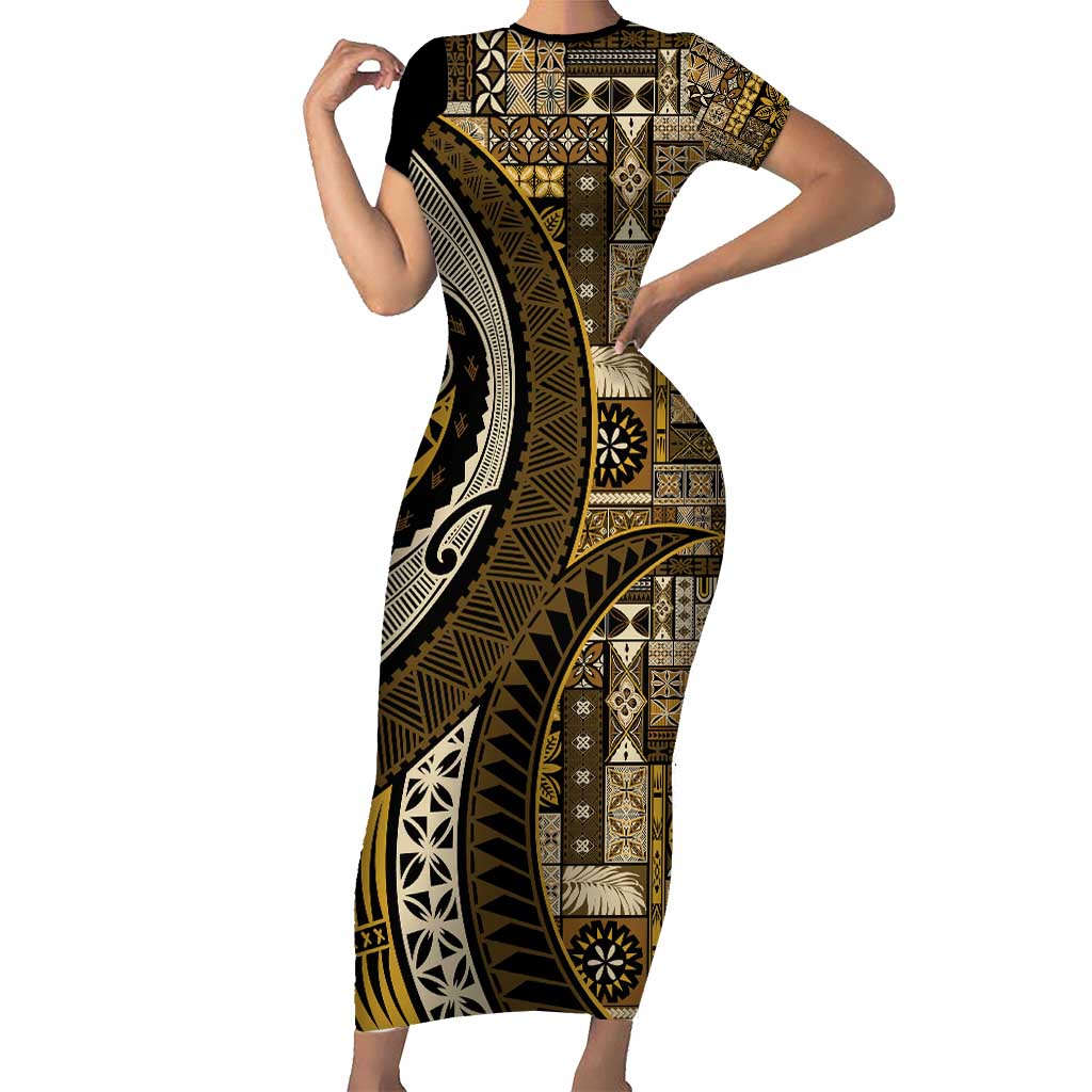 Vintage Samoa Siapo Mamanu Short Sleeve Bodycon Dress Gold Samoan Tapa Motif - Polynesian Pride