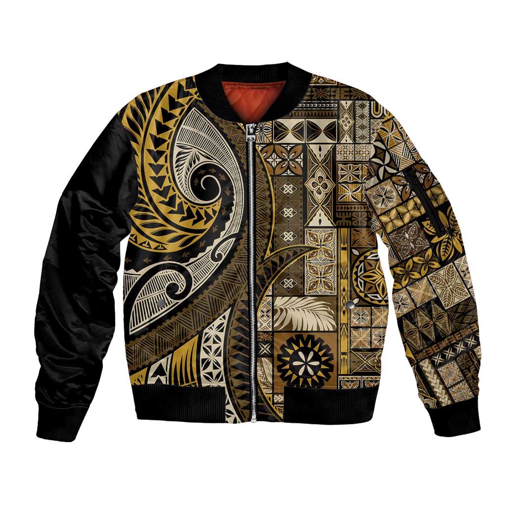 Vintage Samoa Siapo Mamanu Sleeve Zip Bomber Jacket Gold Samoan Tapa Motif LT9 Unisex Gold - Polynesian Pride
