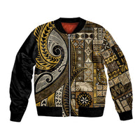 Vintage Samoa Siapo Mamanu Sleeve Zip Bomber Jacket Gold Samoan Tapa Motif LT9 Unisex Gold - Polynesian Pride