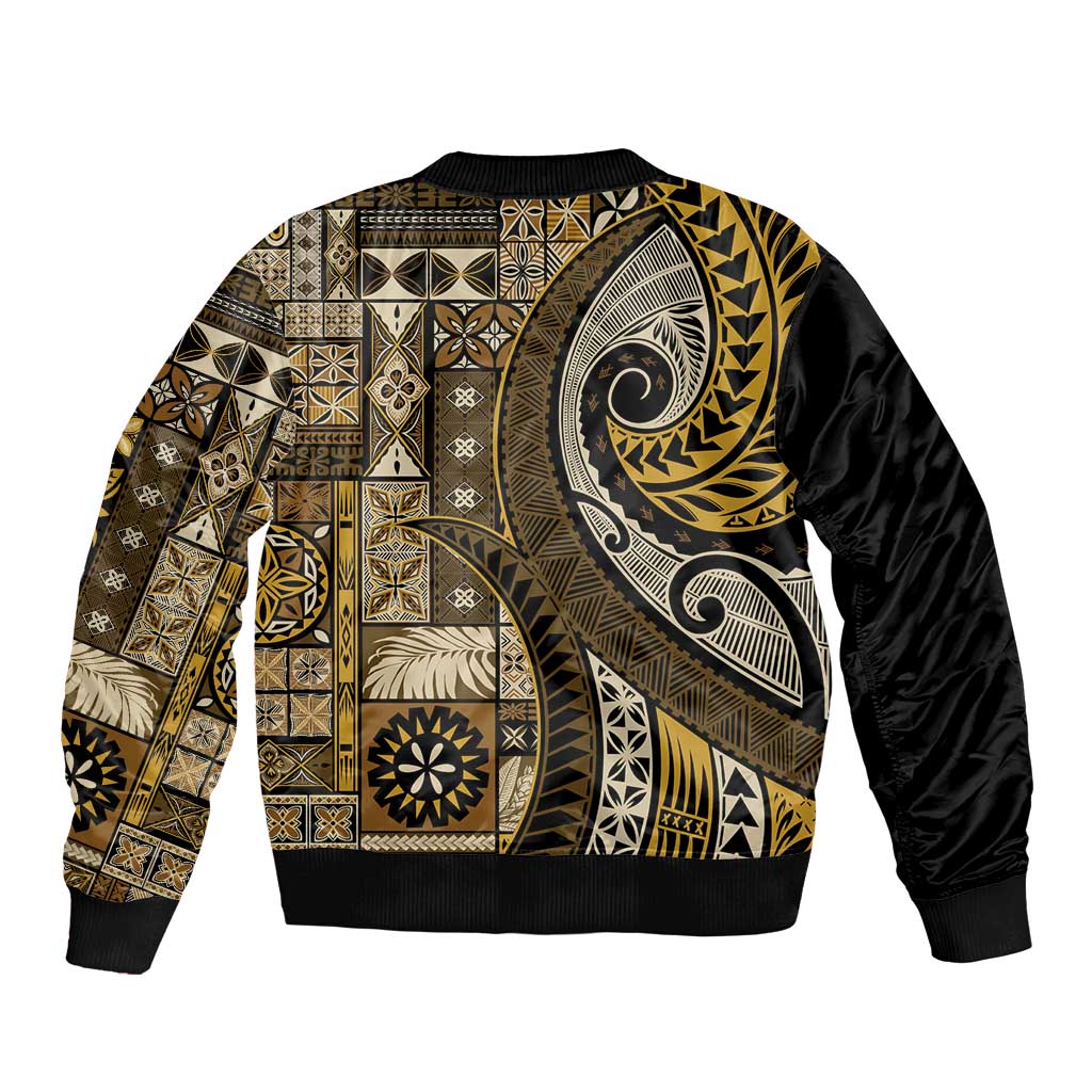 Vintage Samoa Siapo Mamanu Sleeve Zip Bomber Jacket Gold Samoan Tapa Motif LT9 - Polynesian Pride