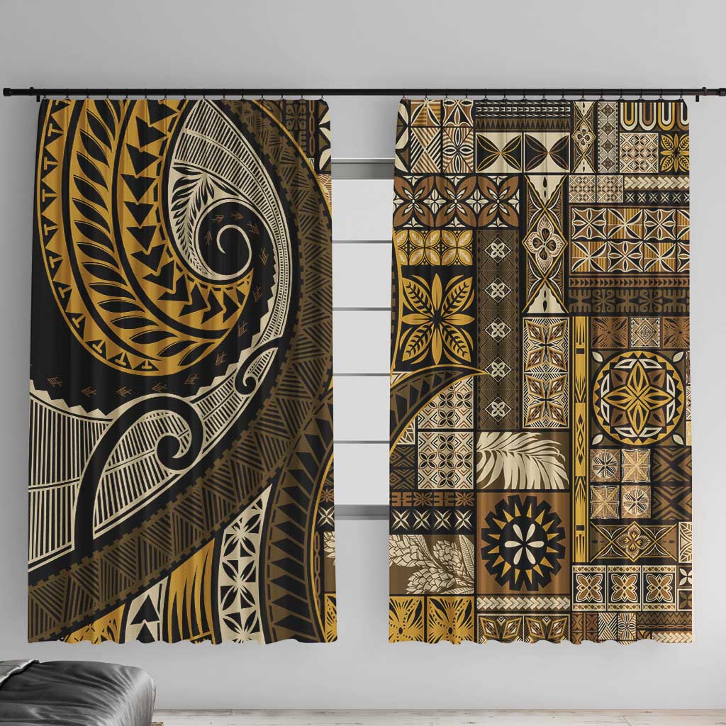 Vintage Samoa Siapo Mamanu Window Curtain Gold Samoan Tapa Motif LT9 With Hooks Gold - Polynesian Pride