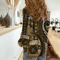 Vintage Samoa Siapo Mamanu Women Casual Shirt Gold Samoan Tapa Motif - Polynesian Pride