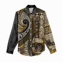 Vintage Samoa Siapo Mamanu Women Casual Shirt Gold Samoan Tapa Motif - Polynesian Pride