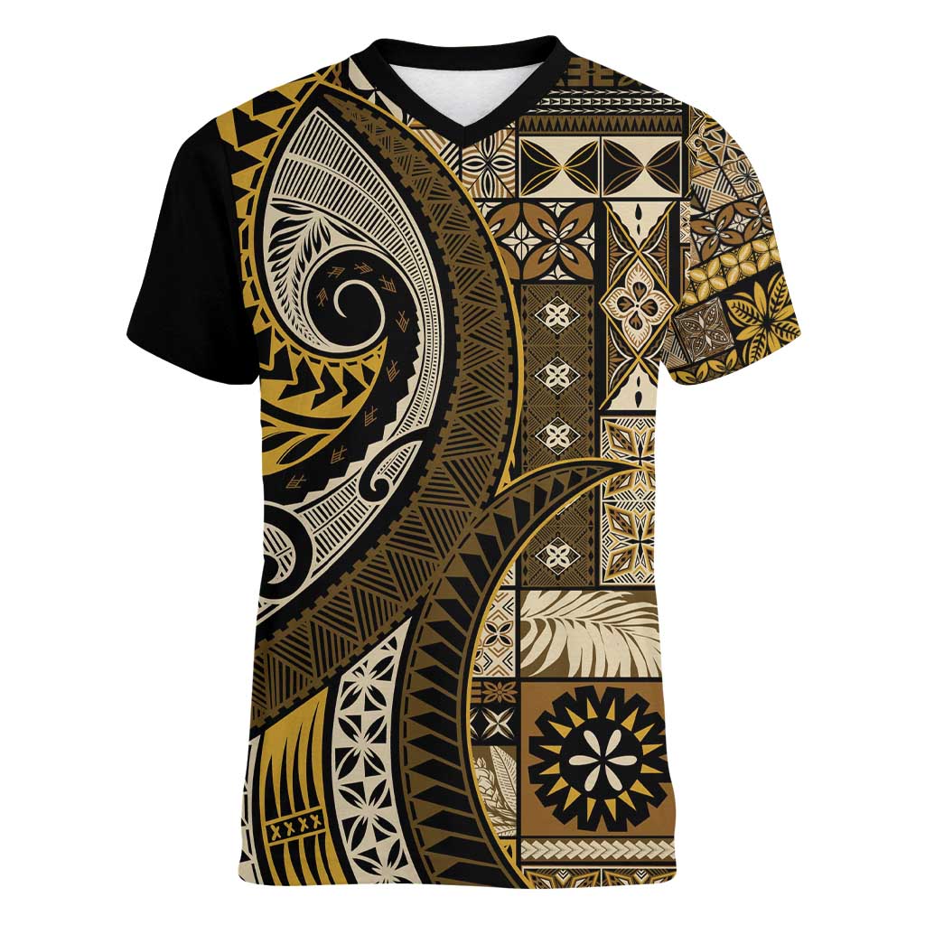 Vintage Samoa Siapo Mamanu Women V-Neck T-Shirt Gold Samoan Tapa Motif LT9 Female Gold - Polynesian Pride
