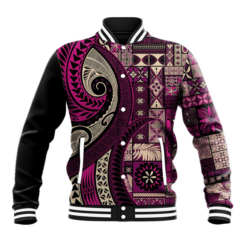 Vintage Samoa Siapo Mamanu Baseball Jacket Pink Samoan Tapa Motif LT9 Unisex Pink - Polynesian Pride