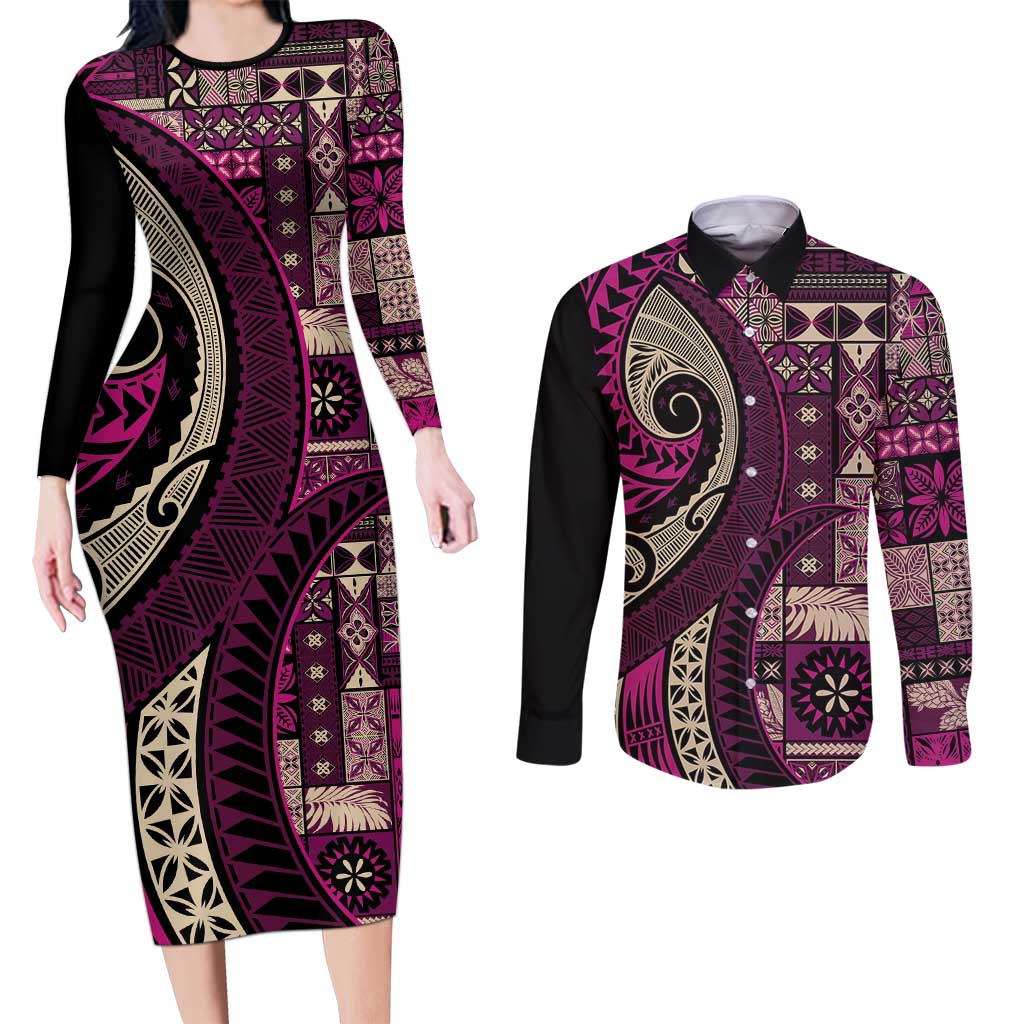 Vintage Samoa Siapo Mamanu Couples Matching Long Sleeve Bodycon Dress and Long Sleeve Button Shirt Pink Samoan Tapa Motif LT9 Pink - Polynesian Pride