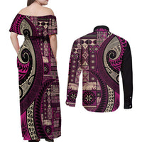 Vintage Samoa Siapo Mamanu Couples Matching Off Shoulder Maxi Dress and Long Sleeve Button Shirt Pink Samoan Tapa Motif - Polynesian Pride
