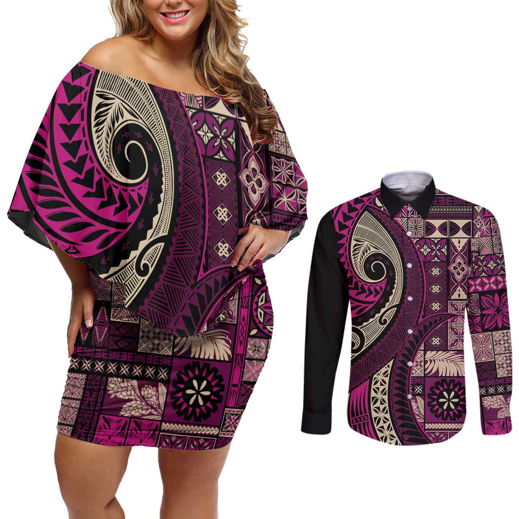 Vintage Samoa Siapo Mamanu Couples Matching Off Shoulder Short Dress and Long Sleeve Button Shirt Pink Samoan Tapa Motif LT9 Pink - Polynesian Pride